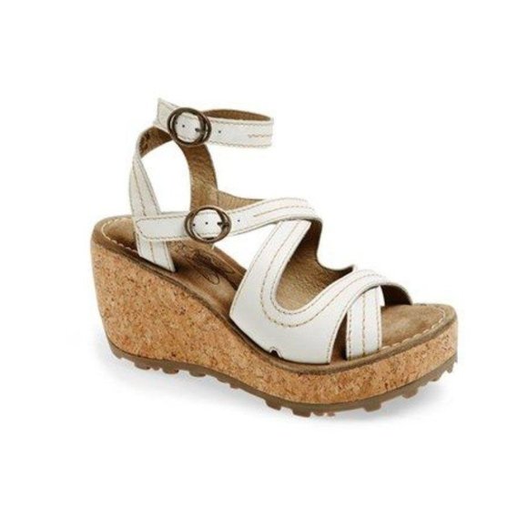 Fly London Shoes - Fly London Ghee White Strappy Cork Platform Sandal